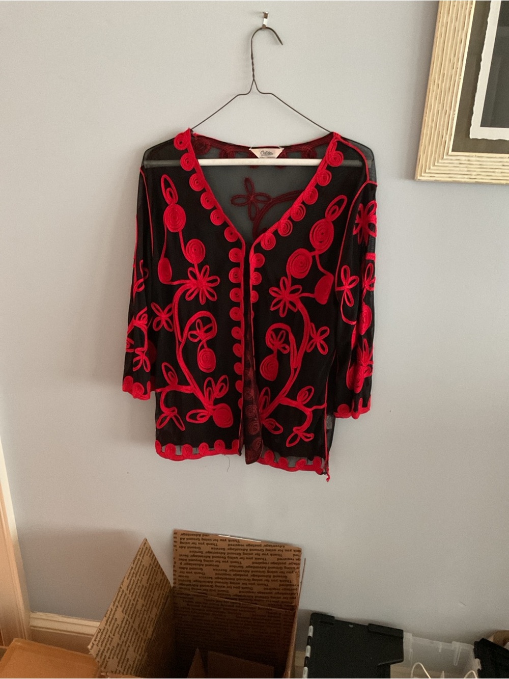 Celeste Black Sheer Top with Red Embroidered Accents